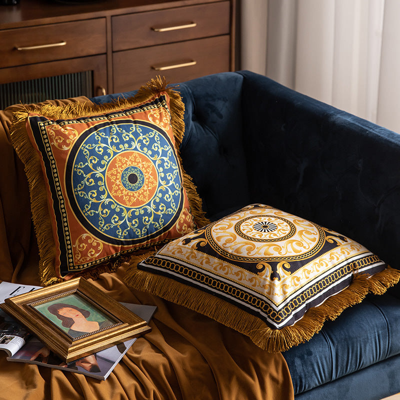 Luxury Sofa Pillow High Grade Duplex Printing Tassel Waist Cushion for Home Decor