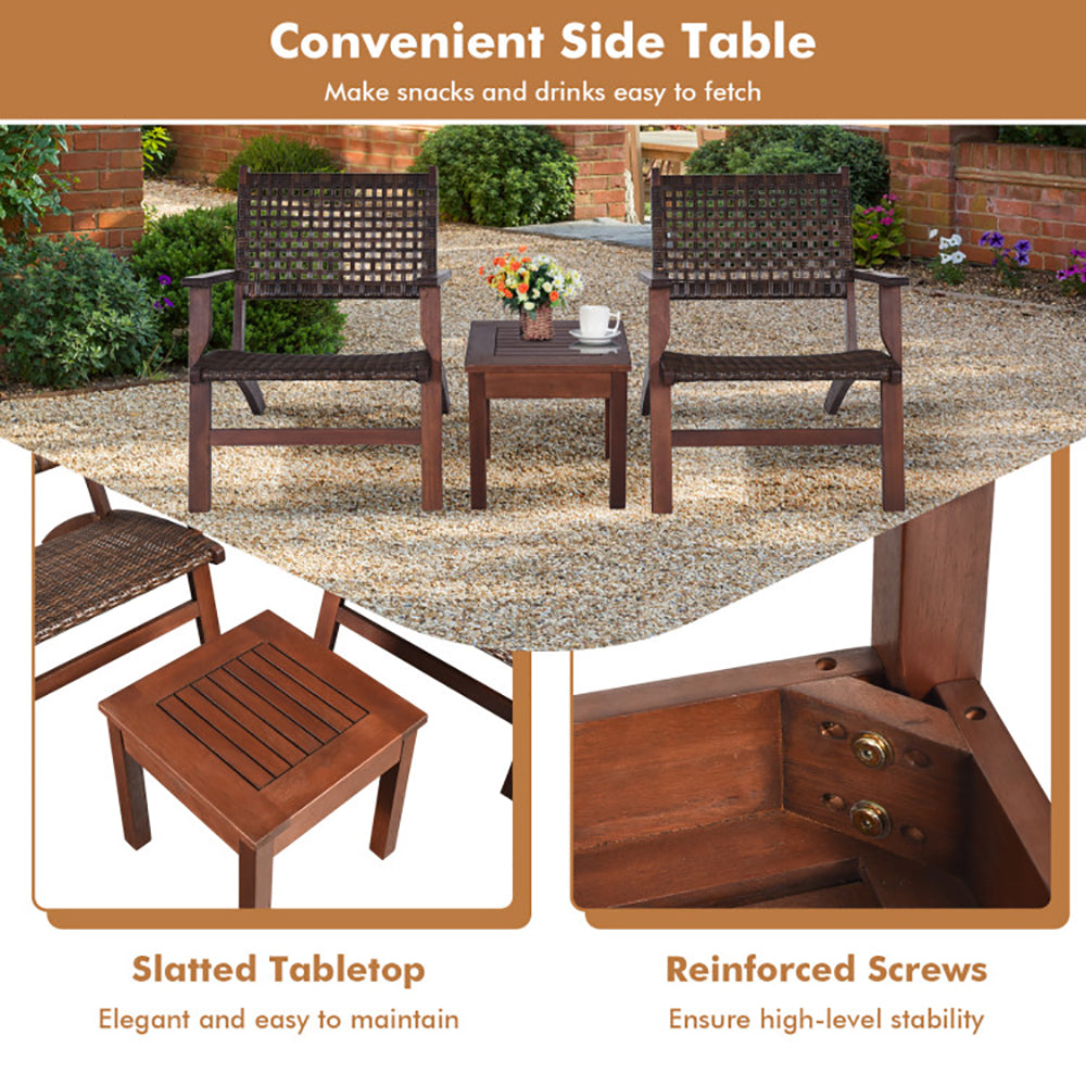 3 Pieces Outdoor Wooden & Rattan Patio Furniture Set Garden Sofa Chair Table Balcony Seating Set