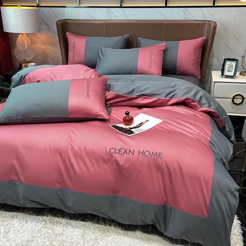European and American Letters Embroidered Cotton Satin Four Piece Bedding Set Luxury Soft Duvet Cover Bed Sheet Set