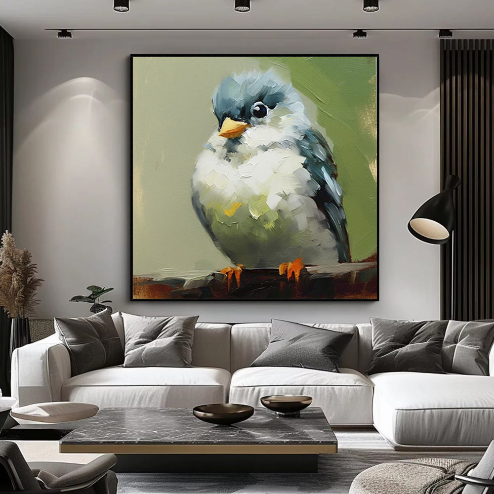 Hand Painted Kawaii Bird Oil Painting – Modern Animal Canvas Wall Art for Living Room & Kids Room Decor