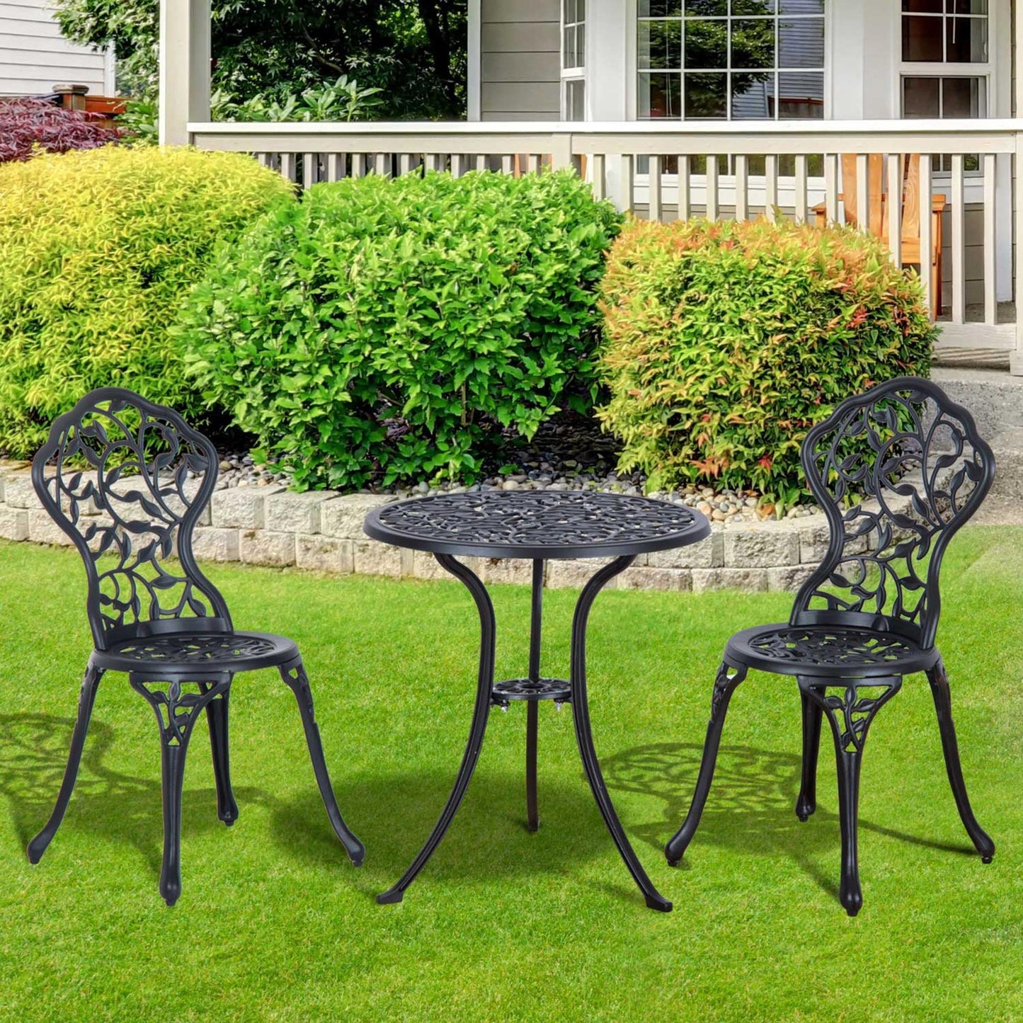 3 Piece Aluminium Bistro Set Garden Furniture Dining Table and Chairs Antique Outdoor Patio Seating Set Black