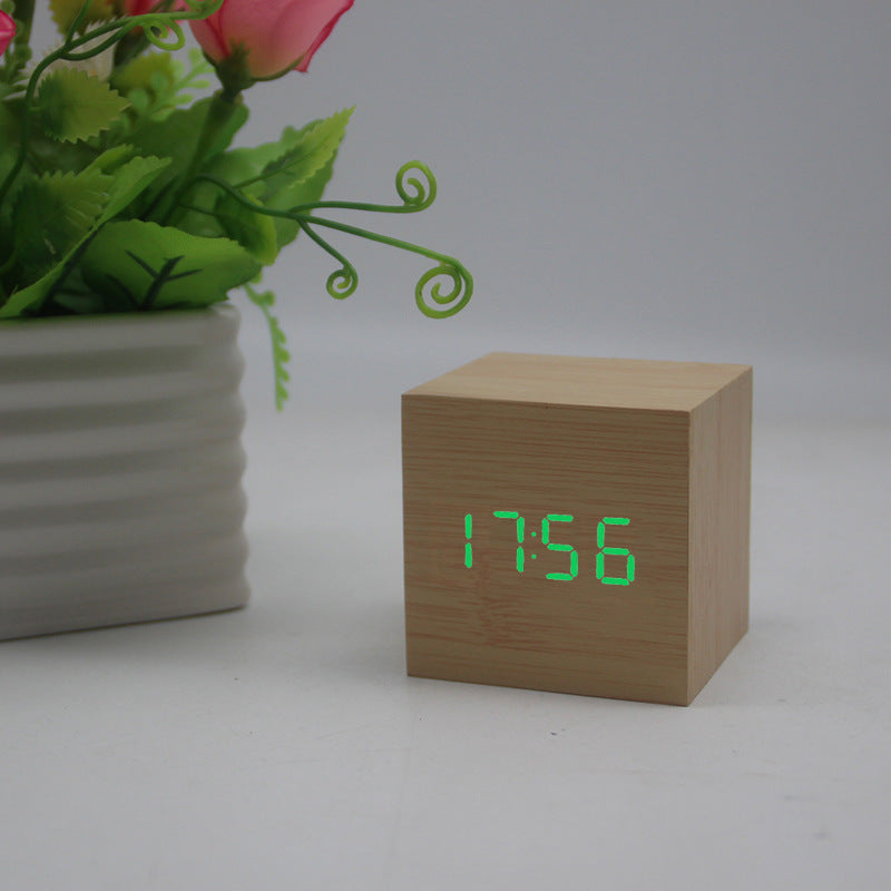 Minimalist Cube Wooden Digital Clock Sound Sensitive LED Display Temperature and Time Desk Alarm Clock