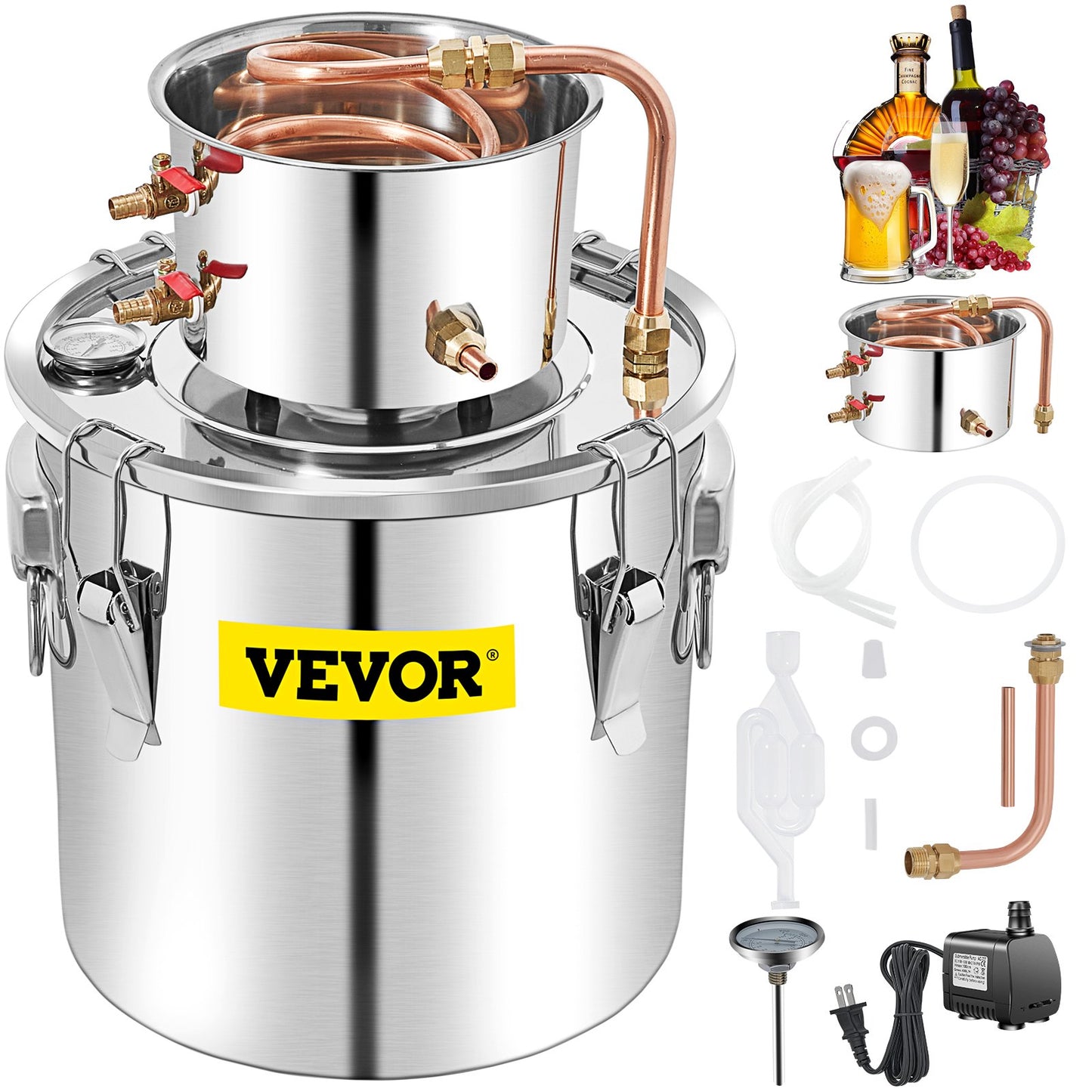 50L Stainless Steel Distillation Kit with Condenser and Pump Home Distiller Set with Copper Tube and Thermometer for DIY Craft Distilling Use