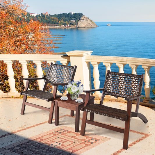 3 Pieces Outdoor Wooden & Rattan Patio Furniture Set Garden Sofa Chair Table Balcony Seating Set