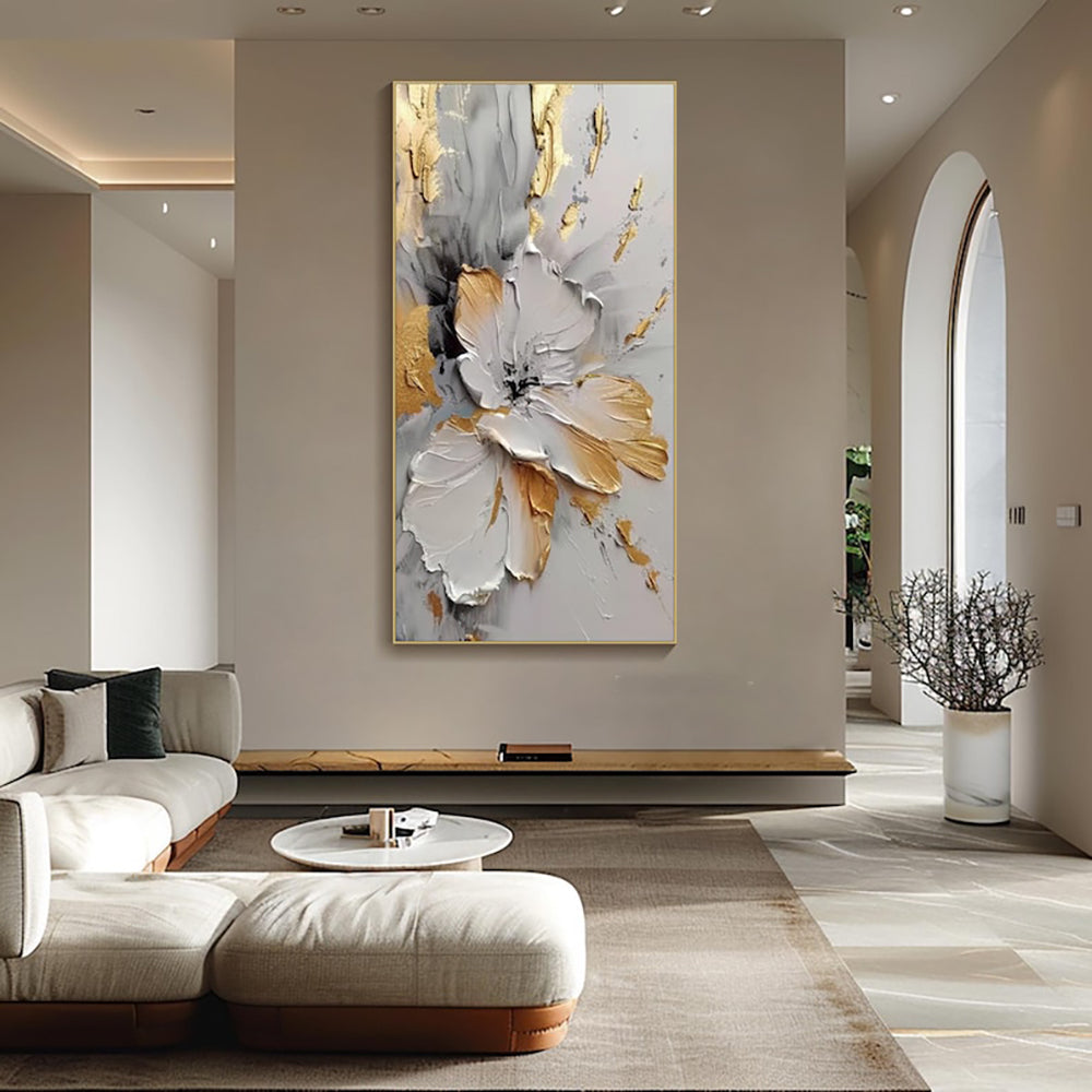Handmade Abstract Golden White Floral Oil Painting Canvas Wall Art Frameless Unstretched Living Room Decor