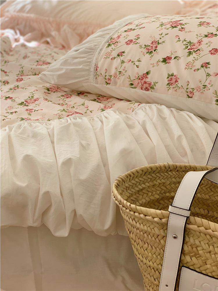 Anna’s Rose Garden Retro French Romantic Floral 15 Bed Pure Cotton Four Piece Bedding Set Luxury Duvet Cover Set