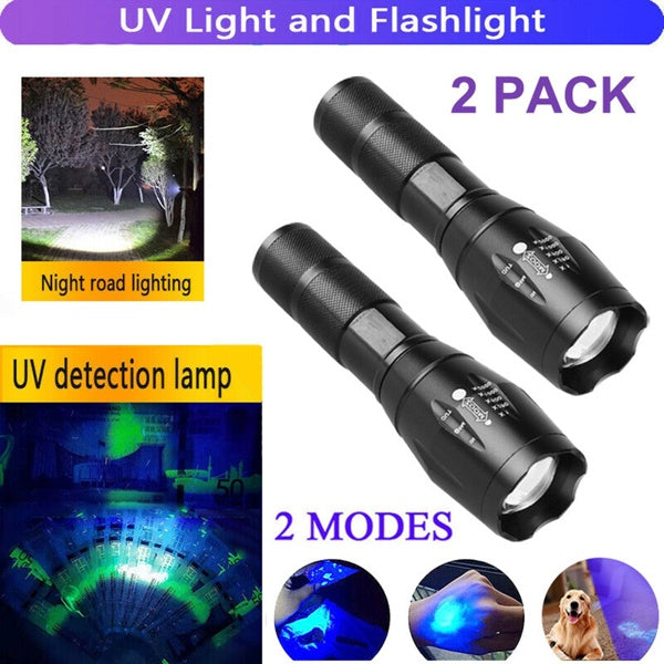2-in-1 UV & White LED Flashlight – Adjustable Focus Inspection Torch (2-Pack)