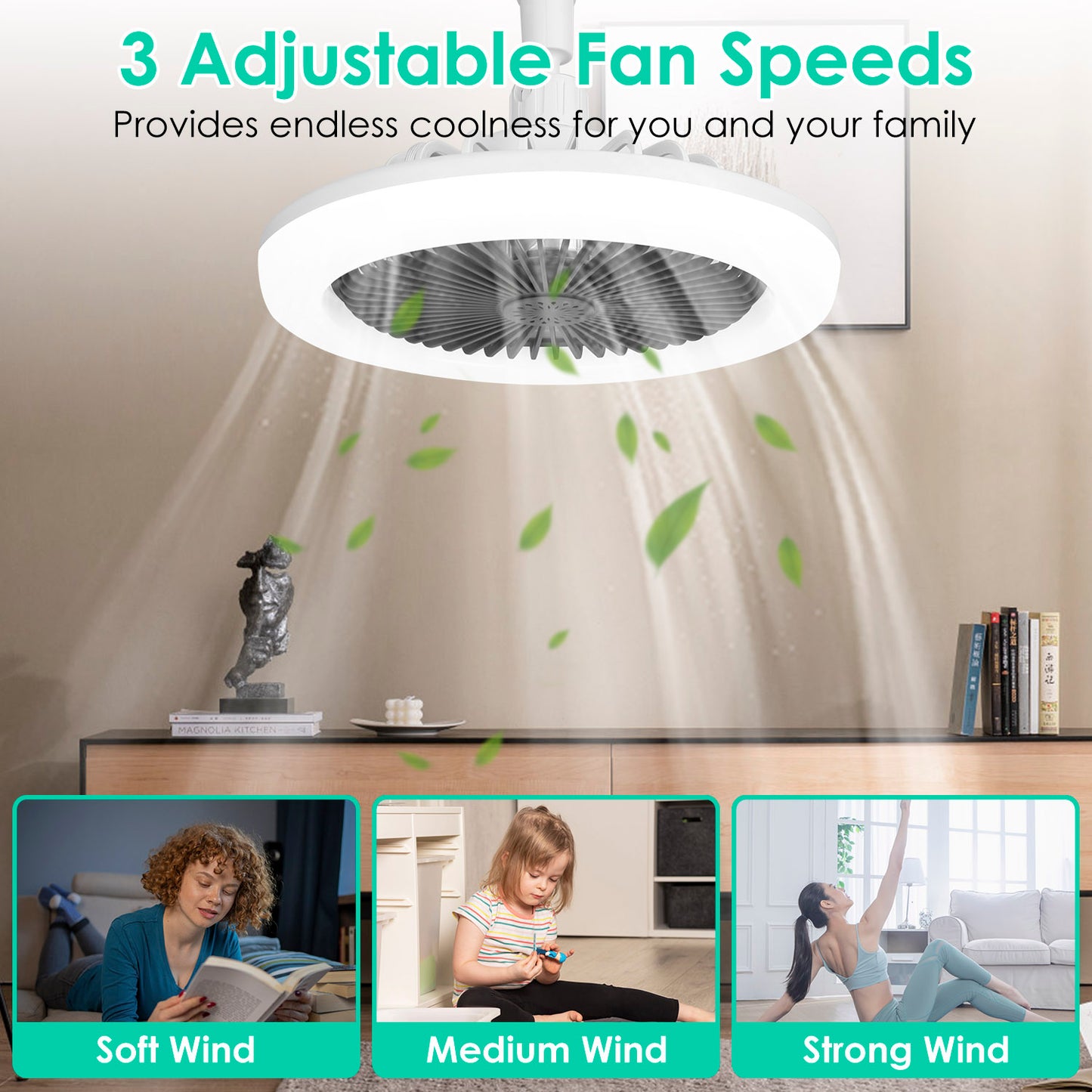 Ceiling Fan with Light Remote Control E27 Socket 9.44in Dimmable LED Fan Light 3 Speed Timer Bedroom Ceiling Fan White Grey
