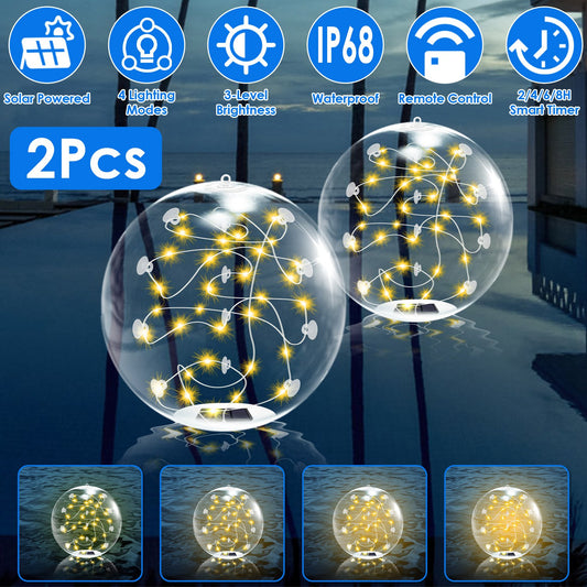 2Pcs 14in Solar Floating Pool Lights IP68 Waterproof Inflatable Pool Balls with Remote Control & Timer
