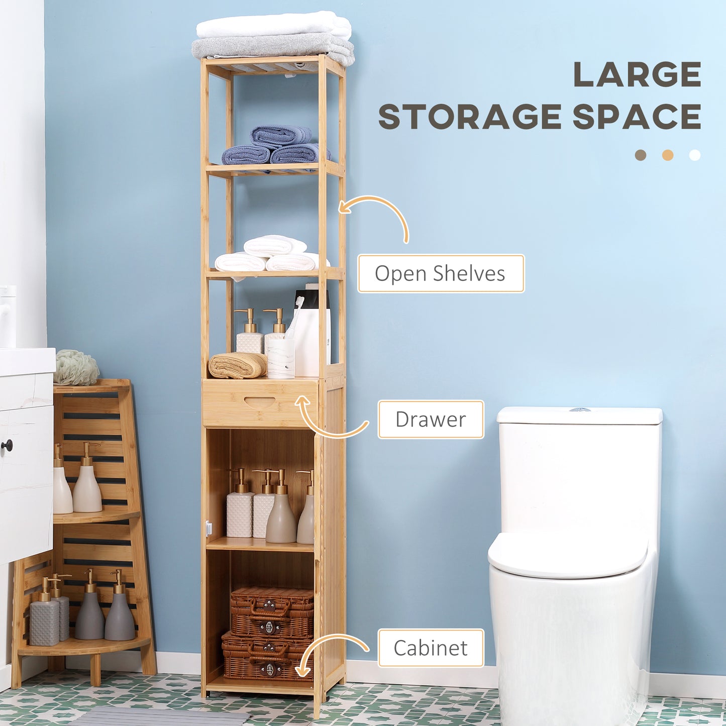 Bathroom Storage Cabinet with Drawer – Slatted Shelves Floor Standing Organizer Unit