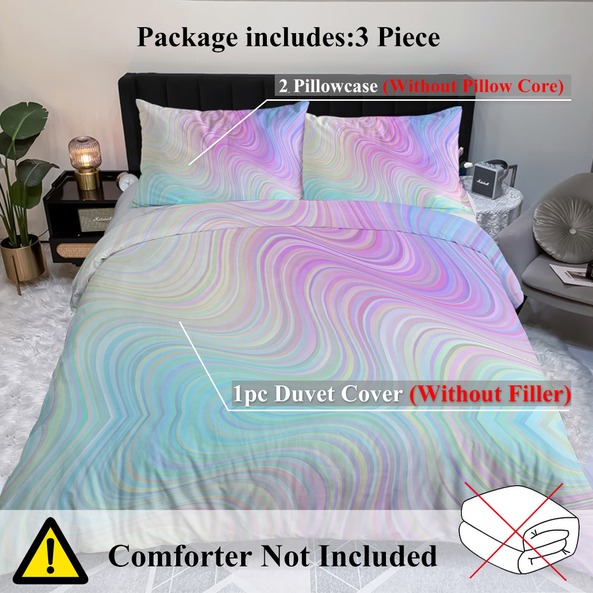 Girly Rainbow Glitter Ombre Duvet Cover Bedding Set 3 Pcs Chic Pastel Purple Blue Green Sparkle Quilt Cover Set with 2 Pillow Shams