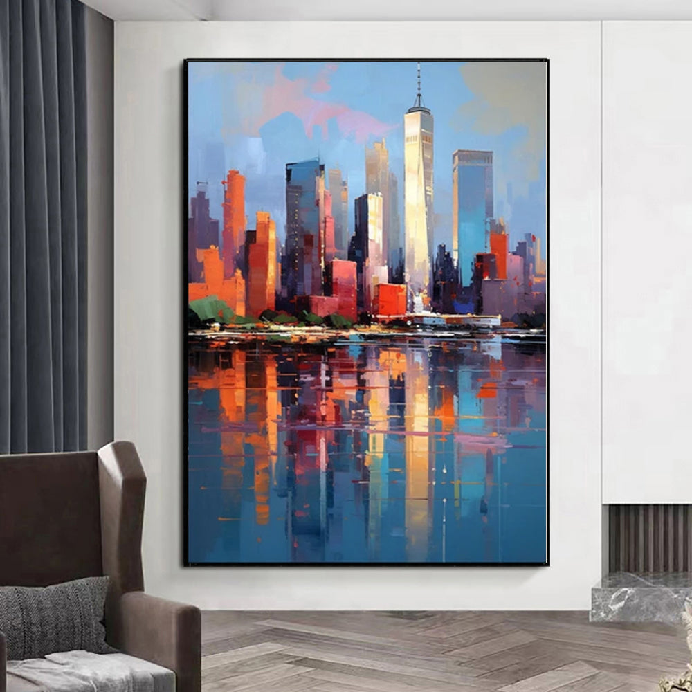 Handmade Abstract New York City Urban Architecture Oil Painting on Canvas Wall Art for Living Room Home Decor Frameless Unstretched