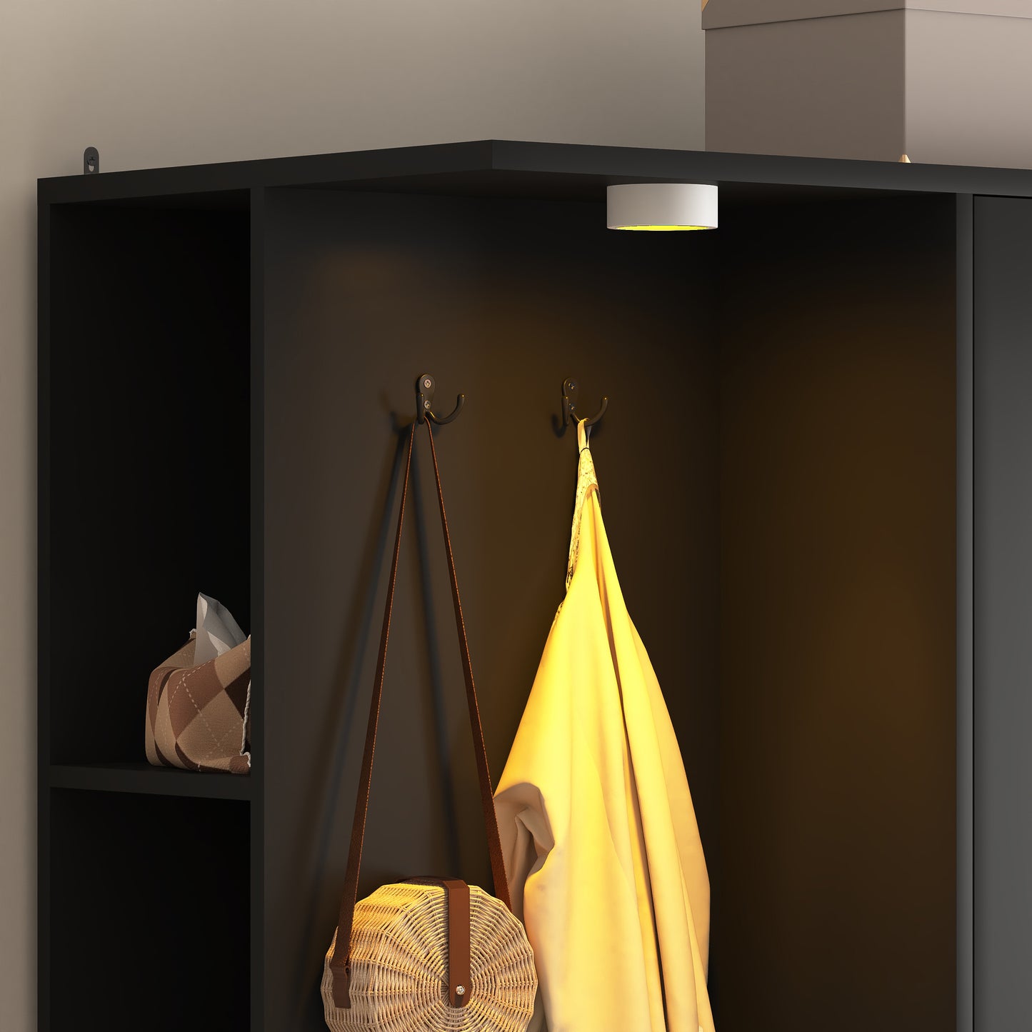 Modern Black Wooden Wardrobe Closet 71.7” Bedroom Storage Cabinet 2 Doors 6 Drawers With Shelves & Hanging Rail