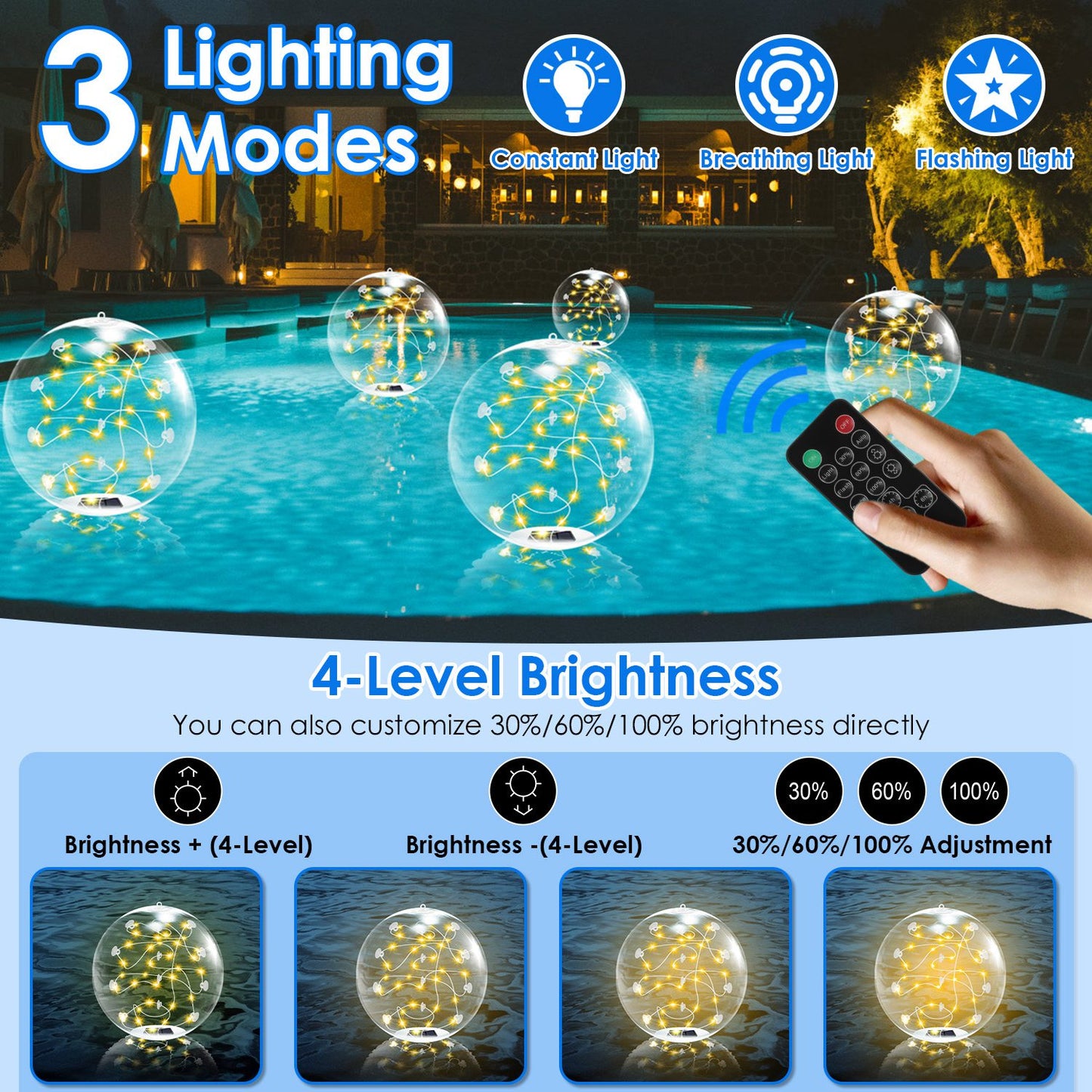 2Pcs 14in Solar Floating Pool Lights IP68 Waterproof Inflatable Pool Balls with Remote Control & Timer