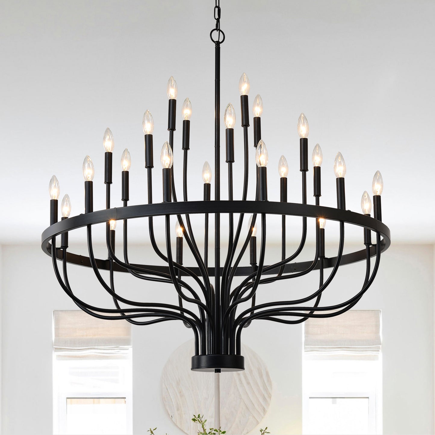 24-Light Black Industrial Candle Chandelier – Modern Farmhouse Iron Pendant Light for Dining Room, Living Room & Foyer (E12 Bulb)