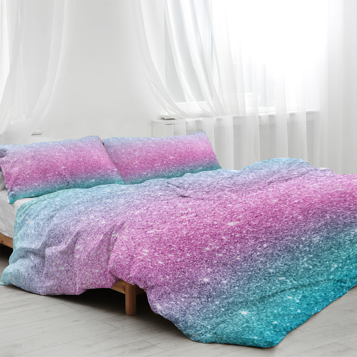 Girly Rainbow Glitter Ombre Duvet Cover Bedding Set 3 Pcs Pastel Purple Blue Green Bedspread with 2 Pillow Shams
