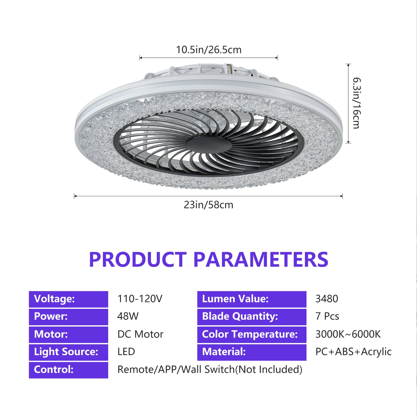 23 Inch RGB LED Enclosed Ceiling Fan Light Bladeless Low Profile Modern Ceiling Fan for Living Room Bedroom