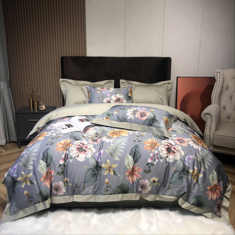 Four Piece Digital Printing Long Staple Cotton Bedding Set Soft Breathable Duvet Cover Bed Sheet Pillowcase Set