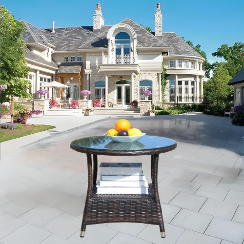 Outdoor Patio Round Coffee Table Clear Tempered Glass Top Garden Furniture Side Table