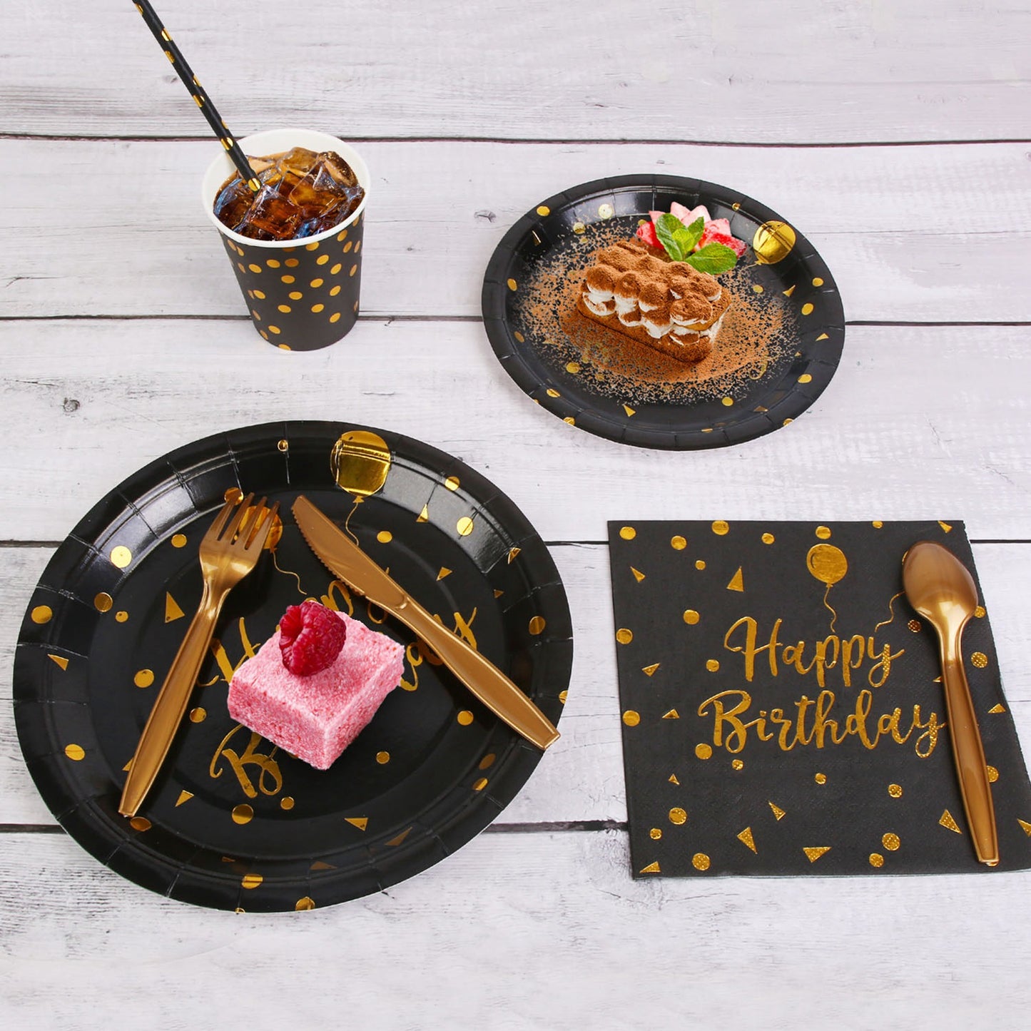 201PCS Black & Gold Birthday Party Supplies Set for 25 Guests – Disposable Plates, Cups, Napkins, Cutlery & Tablecloth