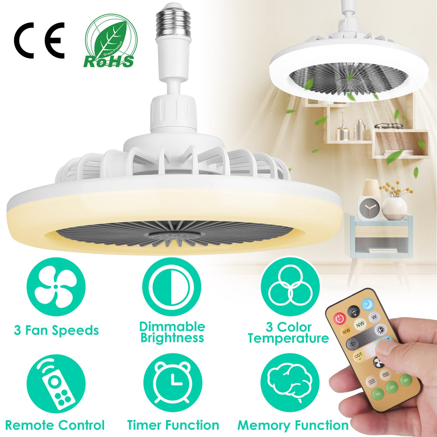 Ceiling Fan with Light Remote Control E27 Socket 9.44in Dimmable LED Fan Light 3 Speed Timer Bedroom Ceiling Fan White Grey