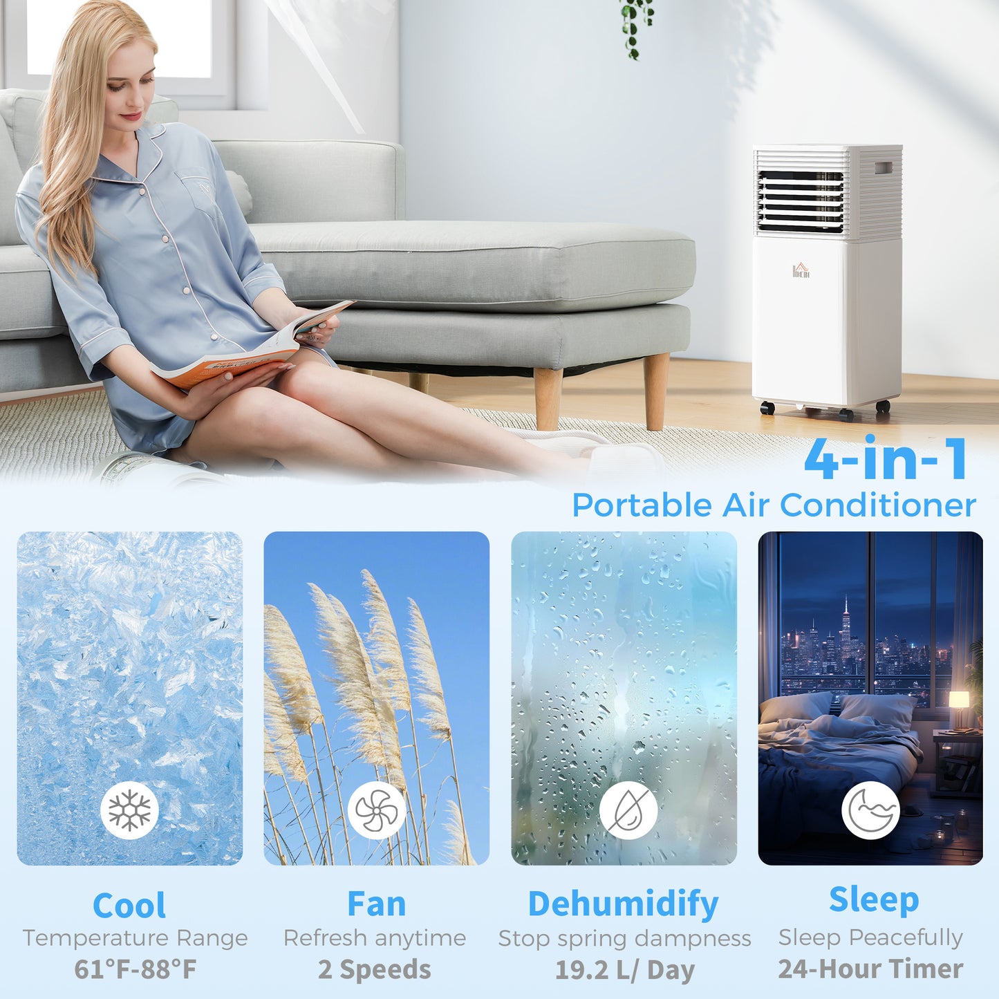 10000 BTU Portable Air Conditioner with Remote Control Cooling & Dehumidifying 24H Timer LED Display White