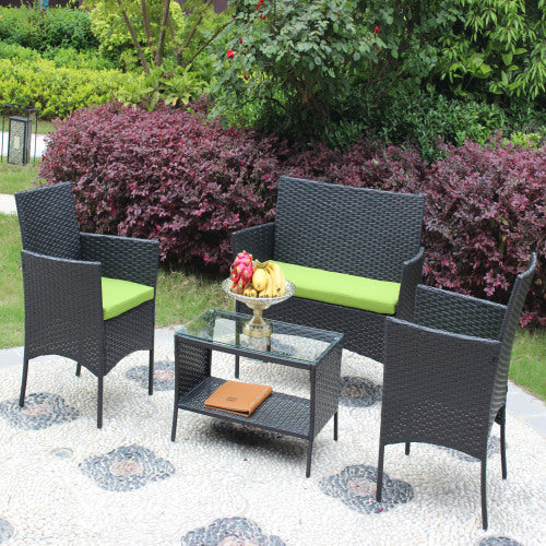 4 Piece Rattan Patio Furniture Set Outdoor Wicker Sofa with Cushioned Seats Green Cushion Garden Outdoor Seating Set