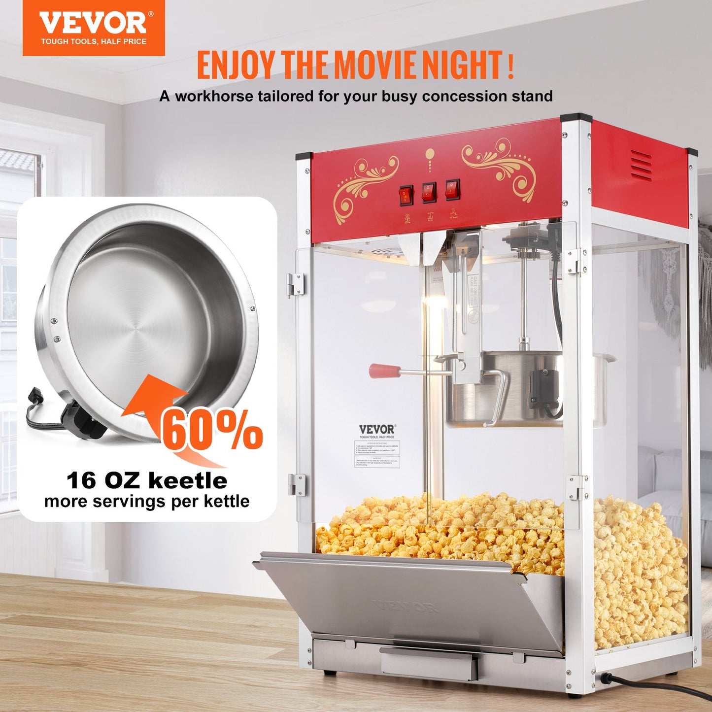 Countertop Popcorn Popper Machine 1615W 16 Oz Red Home Popcorn Maker