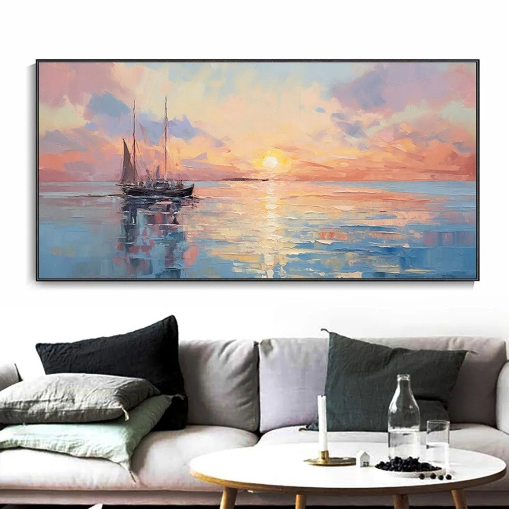 Handmade Abstract Sunrise Over Sea Oil Painting Canvas Wall Art Modern Living Room Home Decor Frameless
