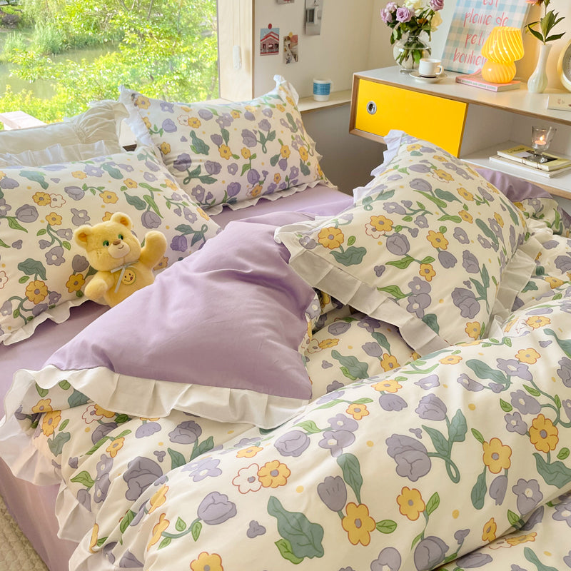 Small Floral Cotton Four Piece Bedding Set Princess Style Duvet Cover Bed Sheet Pillowcase Soft Bedroom Set