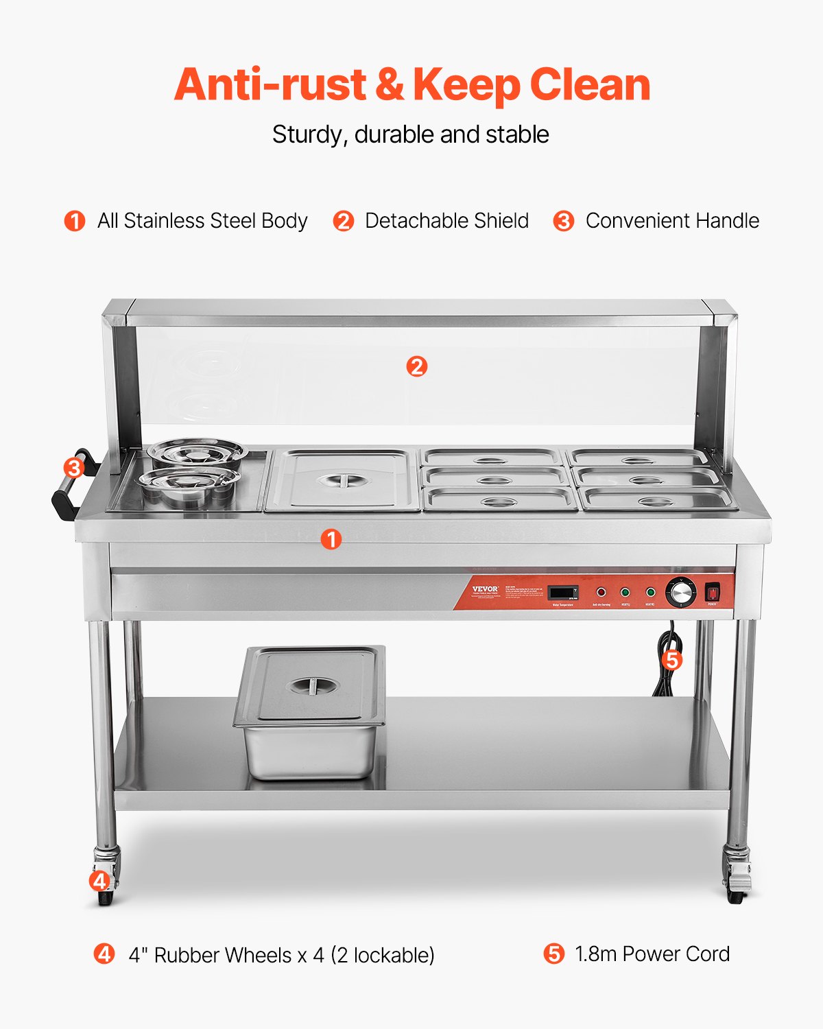 Commercial 7 Pan Food Warmer Steam Table with 2 Pots and Undershelf Shield for Buffet and Catering Use
