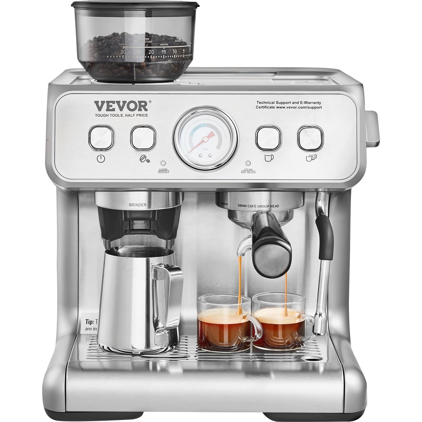 15 Bar Semi Automatic Espresso Machine with Grinder Milk Frother Steam Wand Pressure Gauge Removable Water Tank PID Control for Cappuccino Latte Macchiato