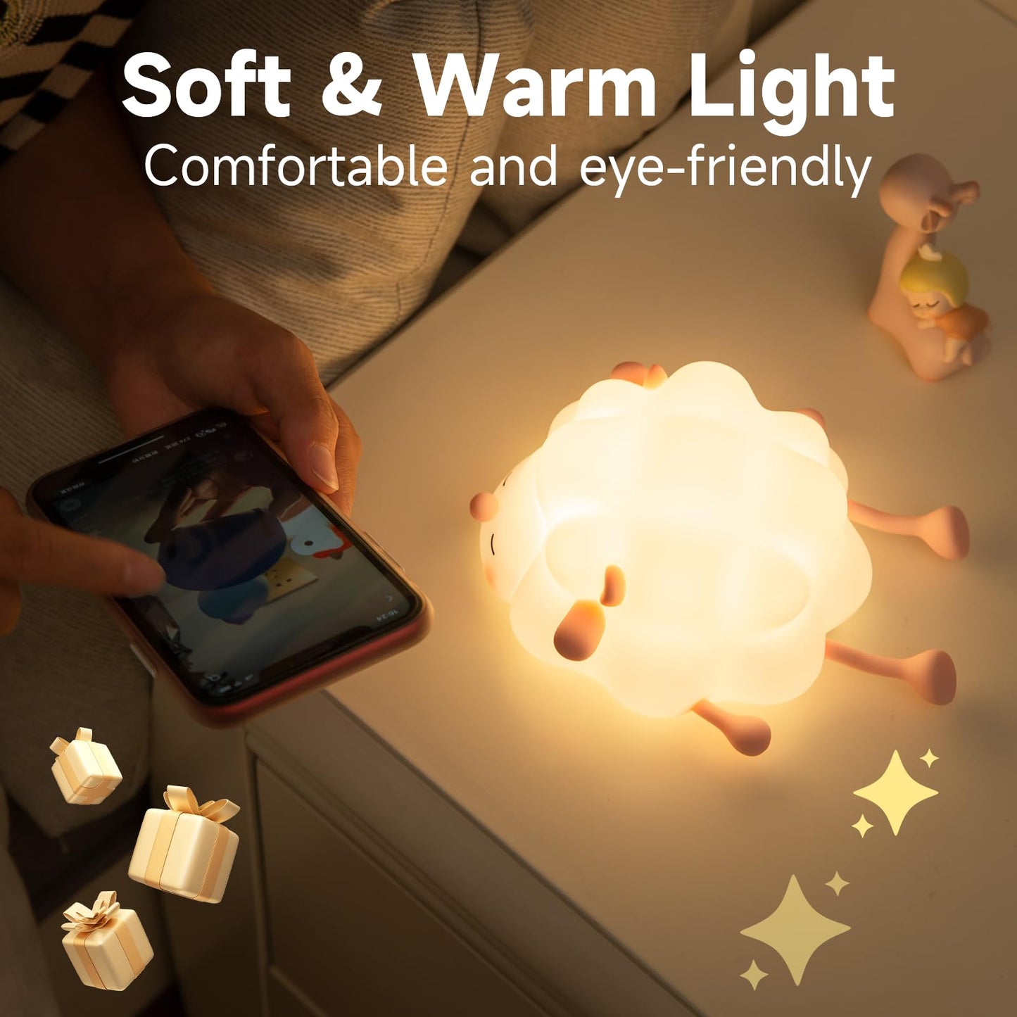 Cute Silicone Sheep Night Light Cartoon LED Bedroom Lamp Rechargeable Dimming Timer Kids Room Decor