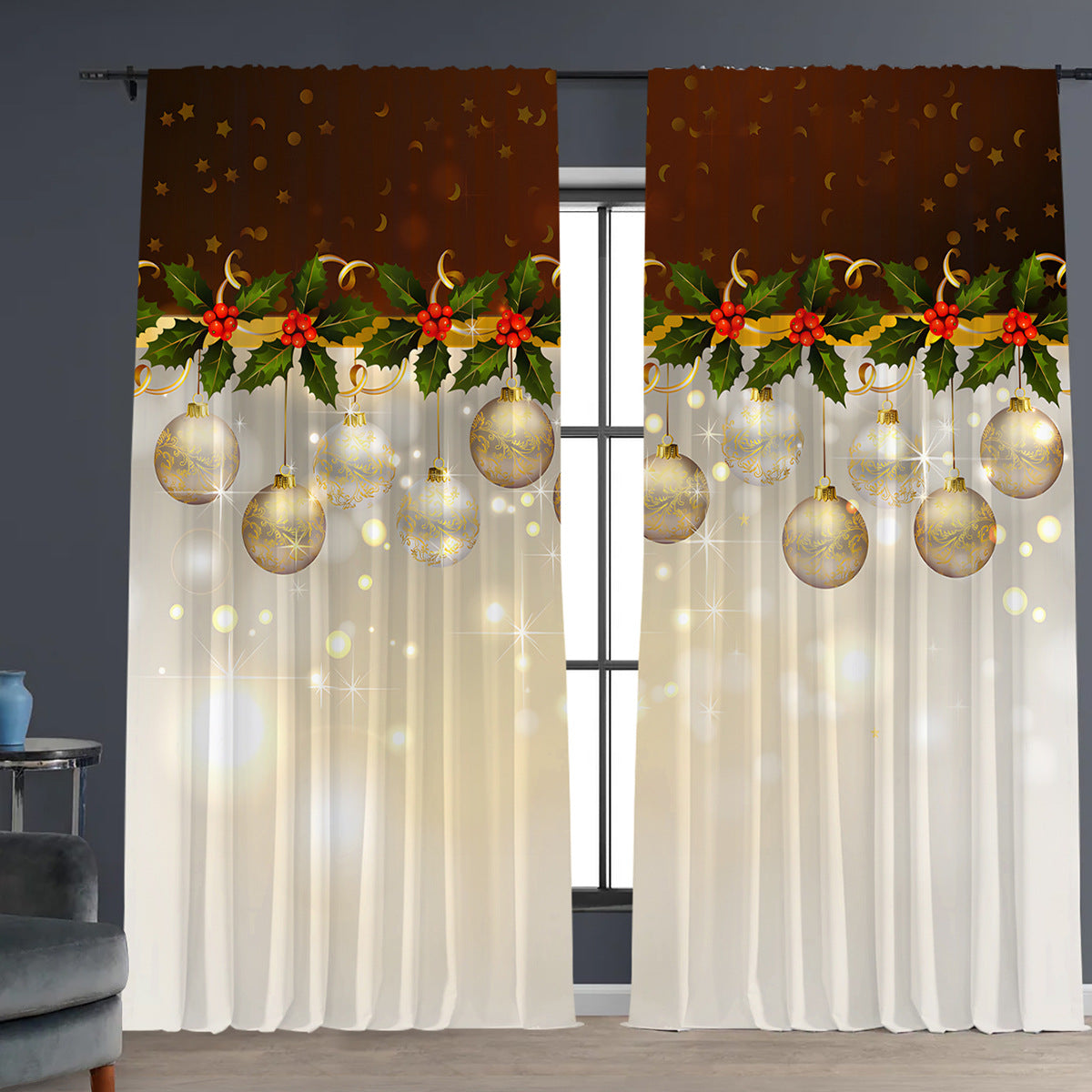 2PCs Christmas Curtains 3D Digital Printing Flower Window Drapes Festive Home Decoration