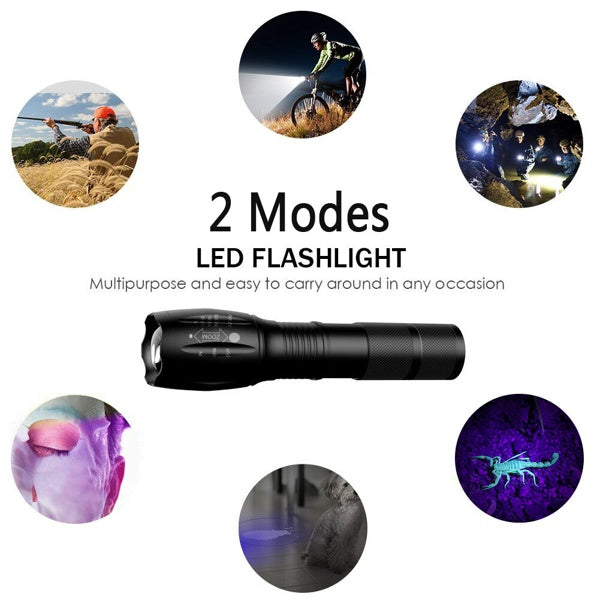 2-in-1 UV & White LED Flashlight – Adjustable Focus Inspection Torch (2-Pack)