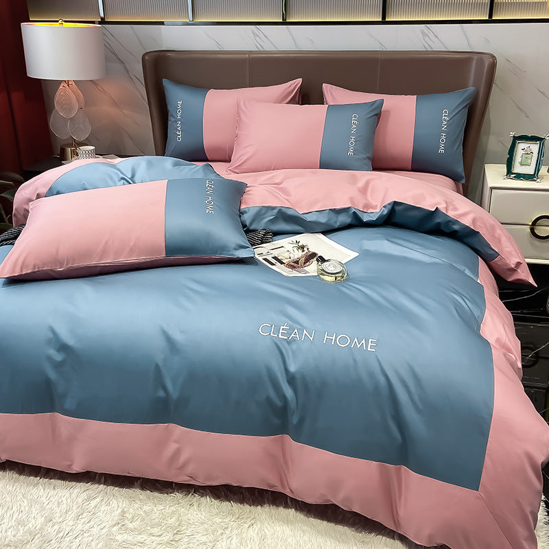 European and American Letters Embroidered Cotton Satin Four Piece Bedding Set Luxury Soft Duvet Cover Bed Sheet Set