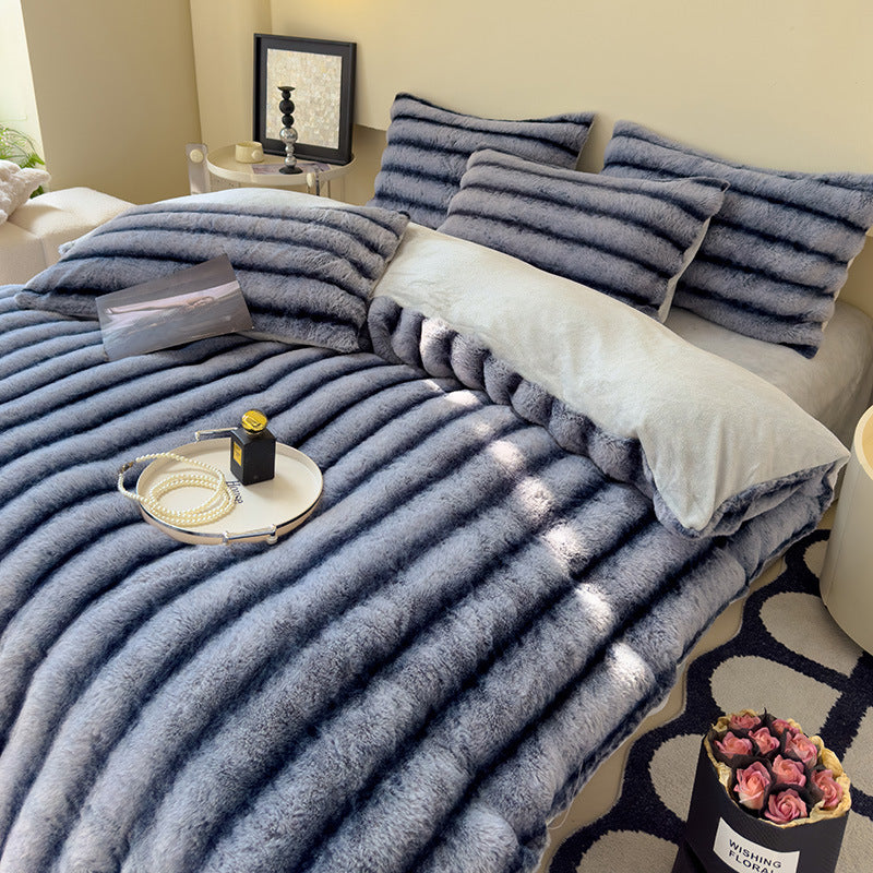 Milk Fiber Thick Rabbit Fur 4-Piece Bedding Set Autumn Winter Warm Fluffy Soft Breathable Bed Set