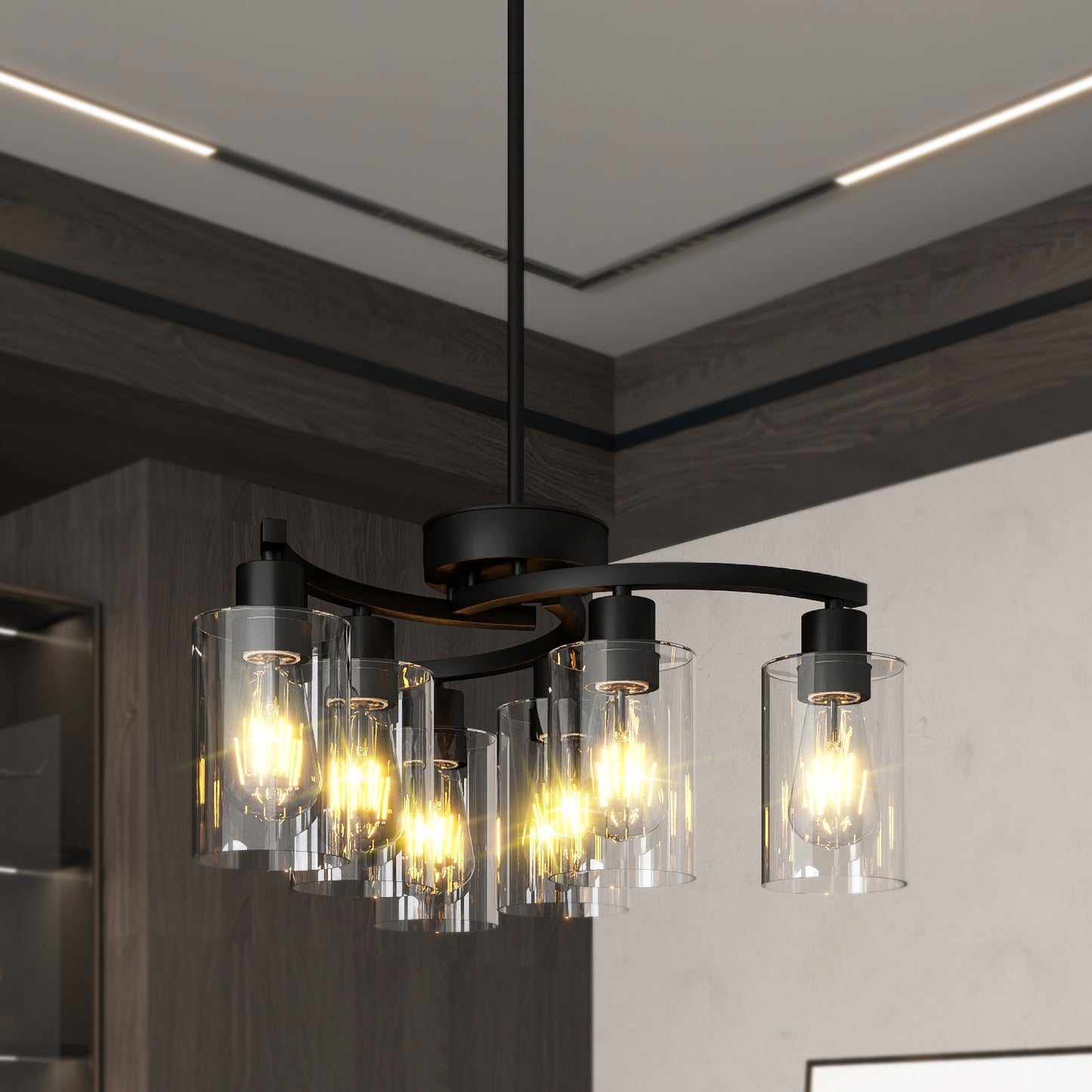 6-Light Modern Farmhouse Black Chandelier – Industrial Glass Pendant Light for Kitchen & Dining Room