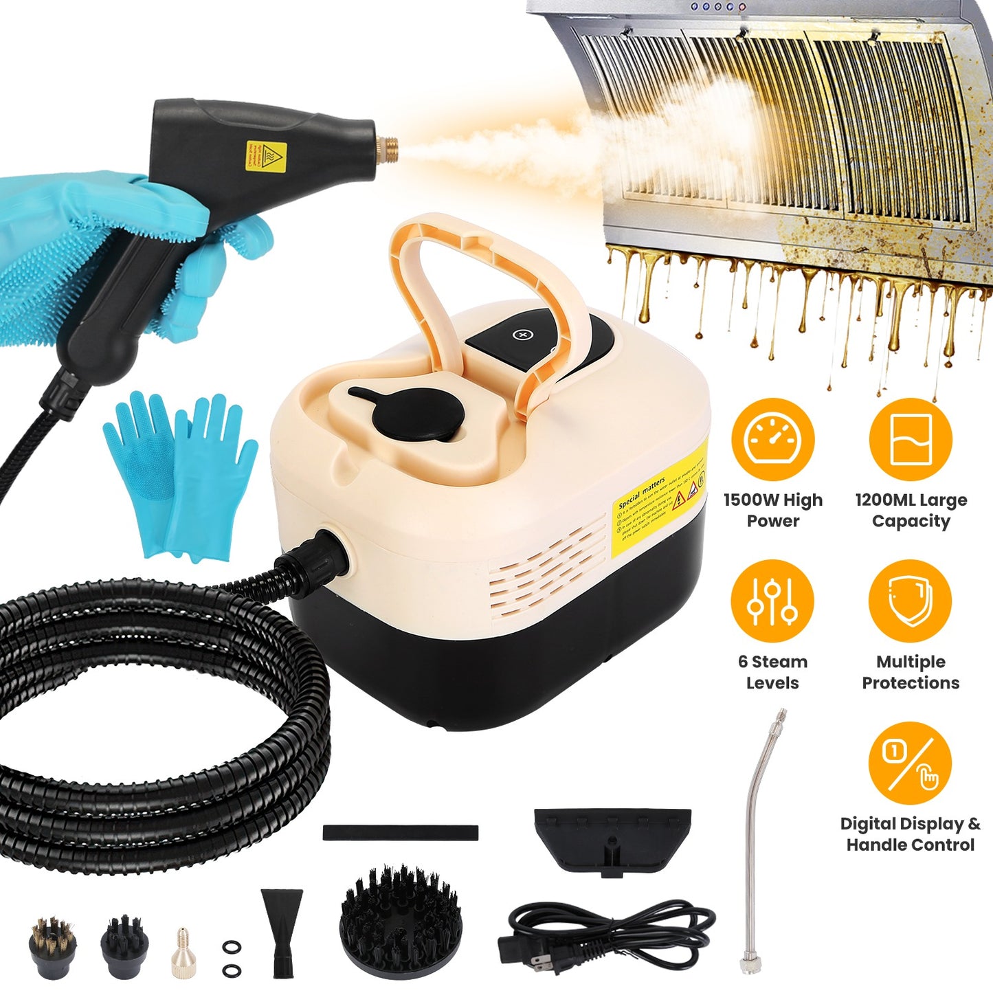 1500W Handheld Steam Cleaner High Temperature Pressure 1200ML Tank 6 Steam Levels with 8 Accessories for Home Car Tile and Sofa Cleaning