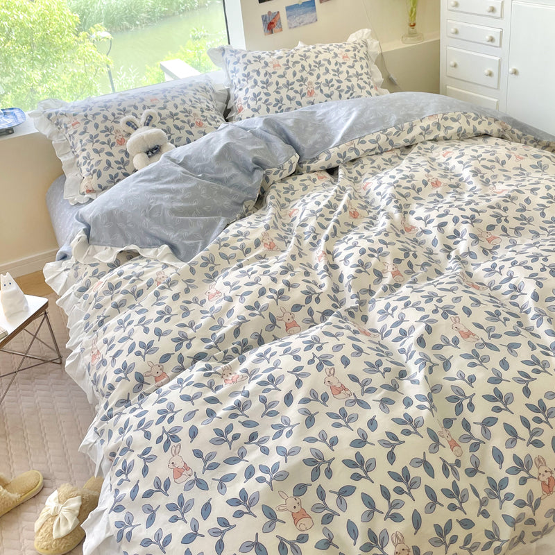 Small Floral Cotton Four Piece Bedding Set Princess Style Duvet Cover Bed Sheet Pillowcase Soft Bedroom Set