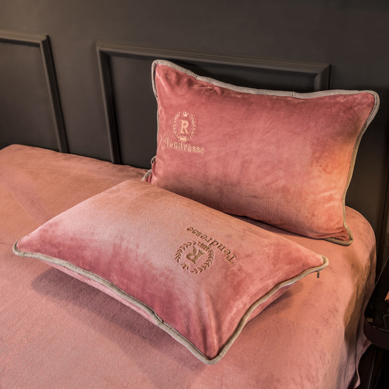 Autumn Winter Thick Fleece Bedding Set Pure Embroidery 4 Piece Quilt Cover Bed Sheet Set Warm Home Textile