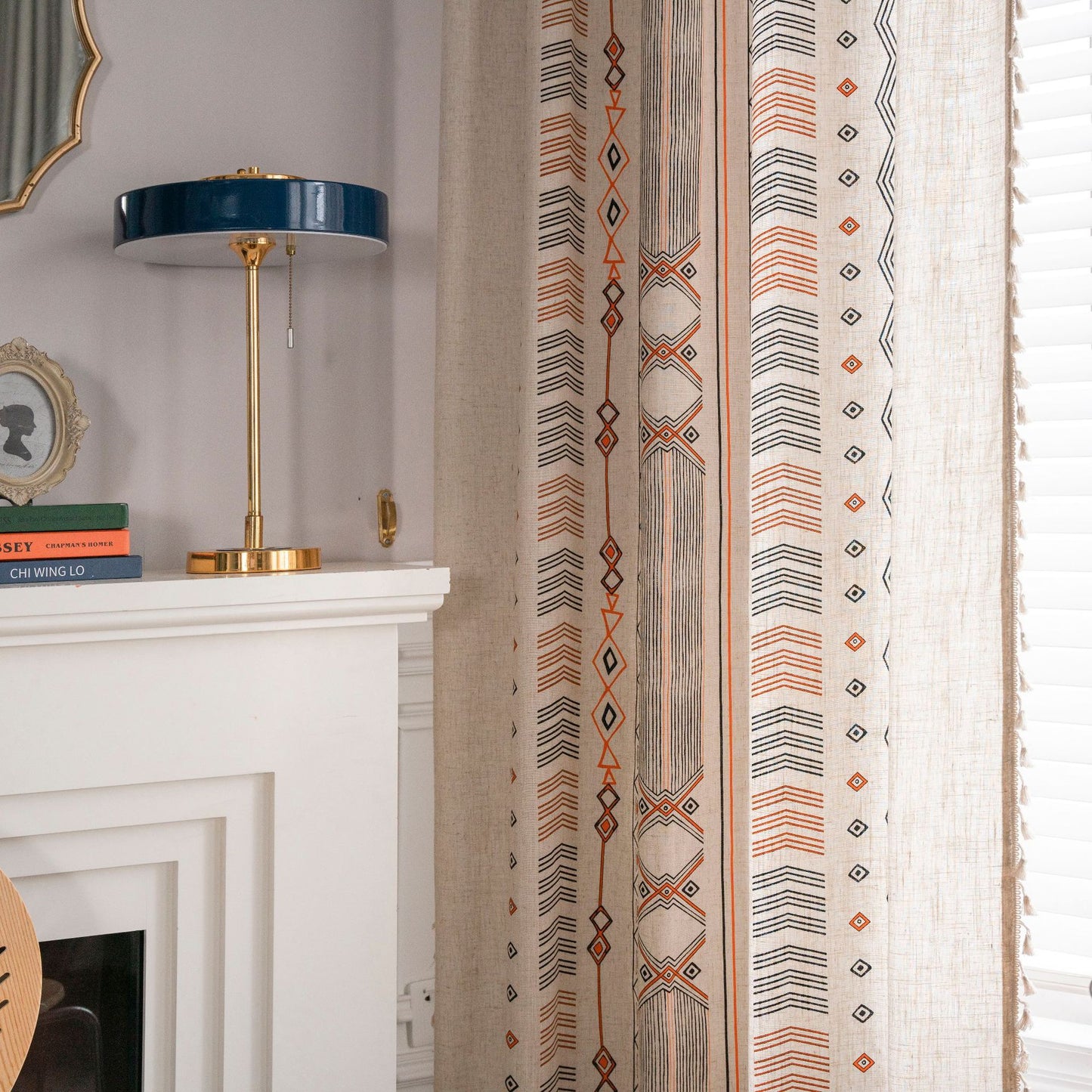 Boho Cream Cotton Linen Print Sun Shade Curtain Fabric Non Punched Window Drapes for Home Decor