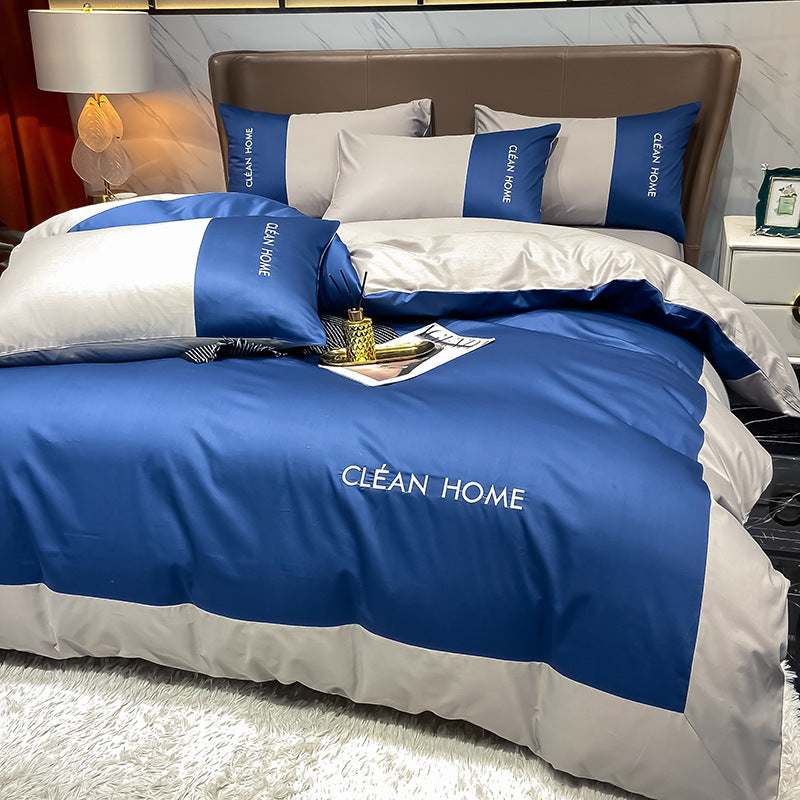 European and American Letters Embroidered Cotton Satin Four Piece Bedding Set Luxury Soft Duvet Cover Bed Sheet Set