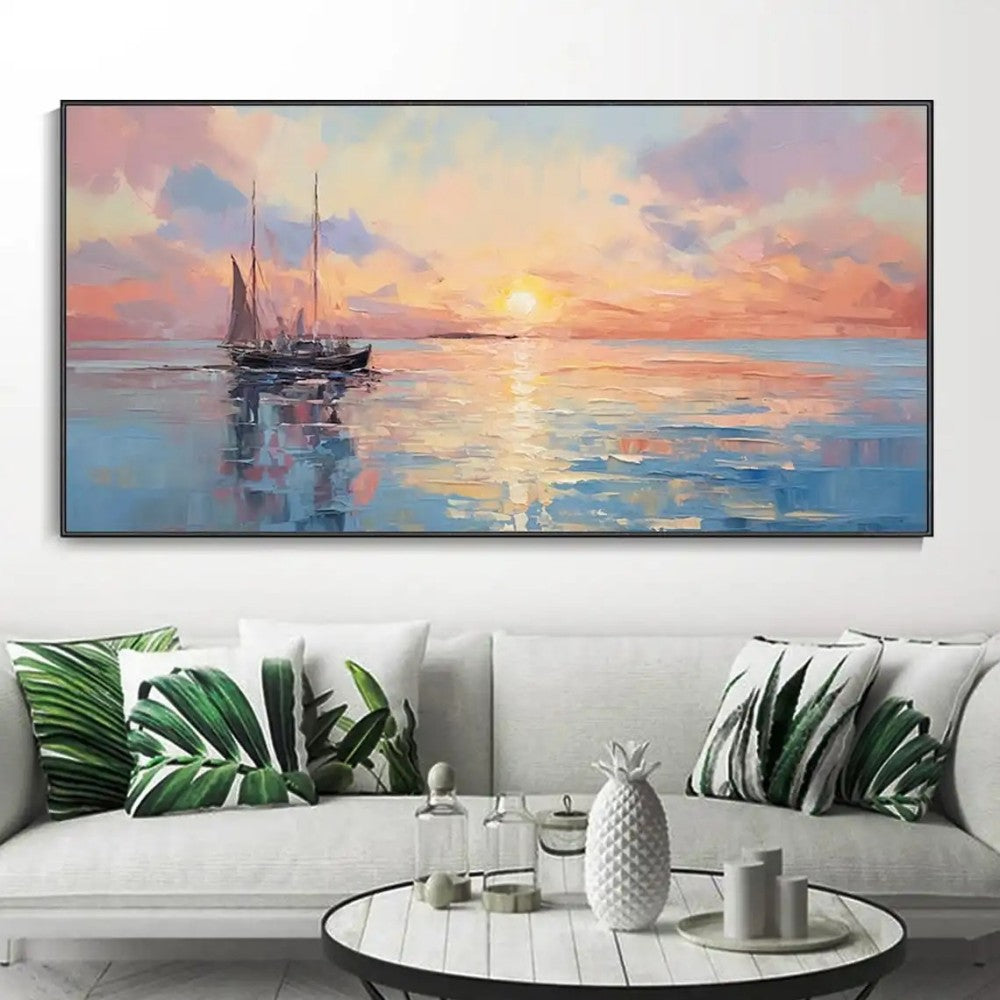 Handmade Abstract Sunrise Over Sea Oil Painting Canvas Wall Art Modern Living Room Home Decor Frameless