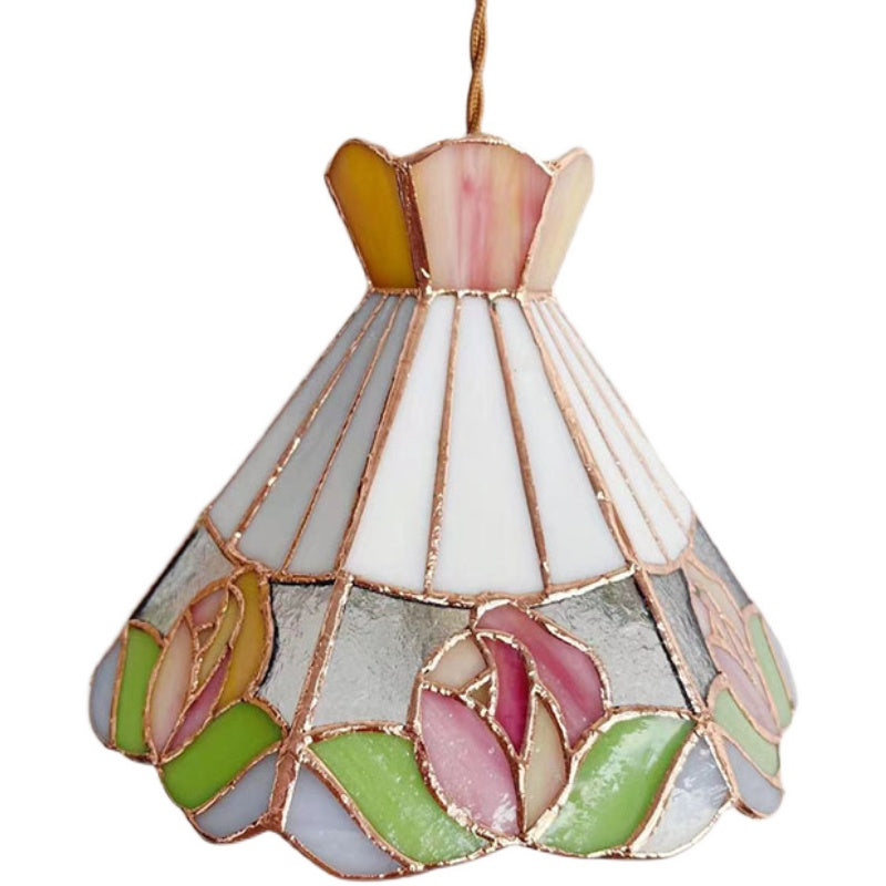 Tea Chestnut French Retro Chandelier – Rose Stained Glass Ceiling Light