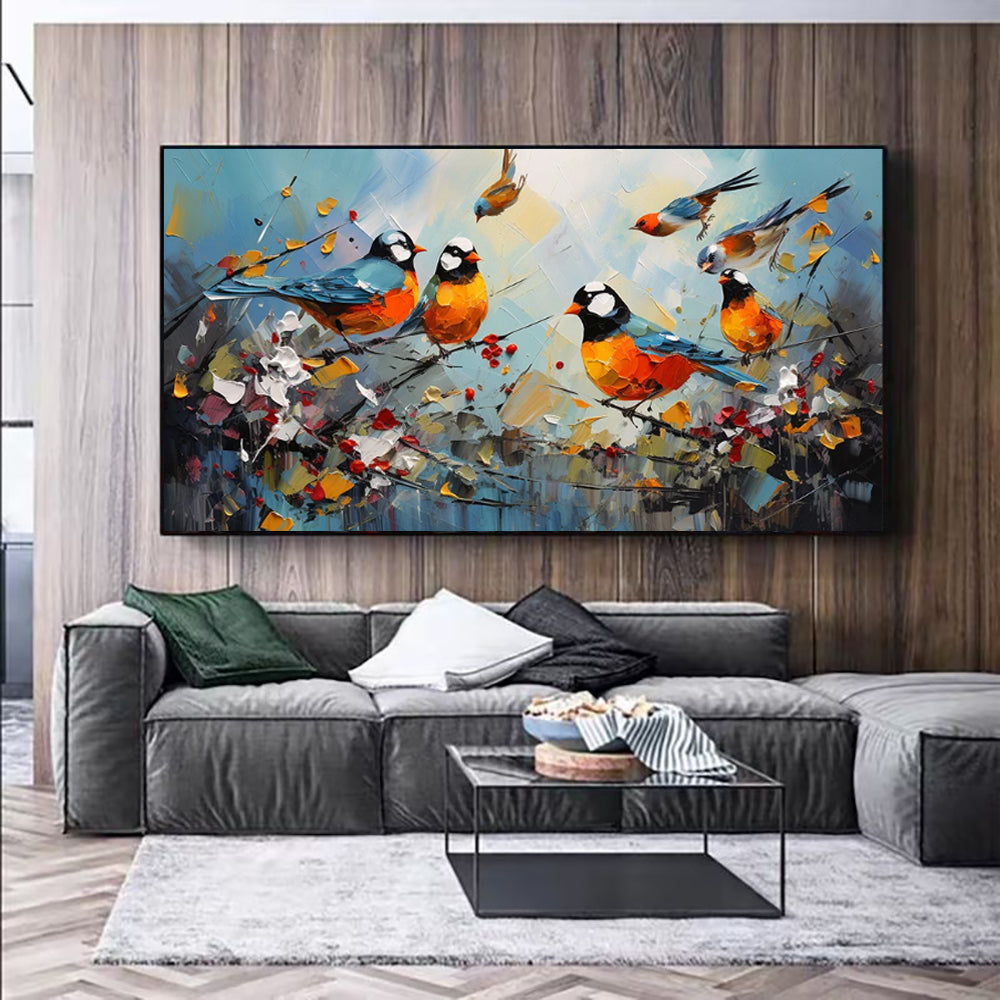 Hand Painted Kawaii Bird Oil Painting on Canvas Modern Abstract Magpie Wall Art for Living Room Home Decor