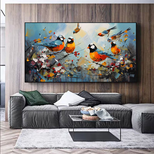 Hand Painted Kawaii Bird Oil Painting on Canvas Modern Abstract Magpie Wall Art for Living Room Home Decor
