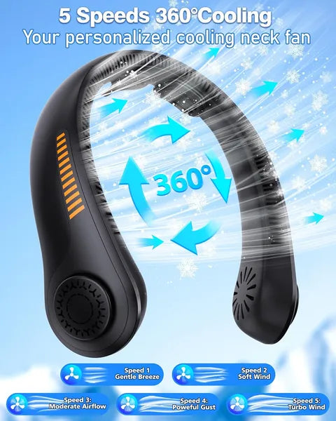 Portable Neck Fan Rechargeable 5-Speed Personal Wearable Fan with Neck Support Quiet Hands-Free Cooling for Travel