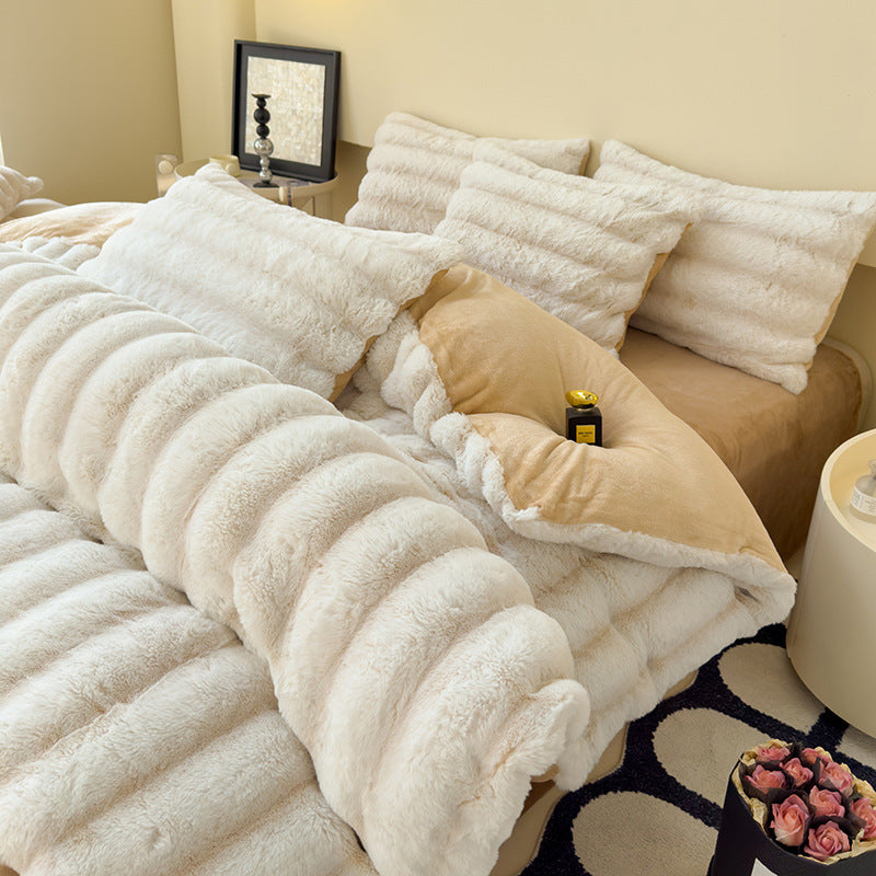 Milk Fiber Thick Rabbit Fur 4-Piece Bedding Set Autumn Winter Warm Fluffy Soft Breathable Bed Set