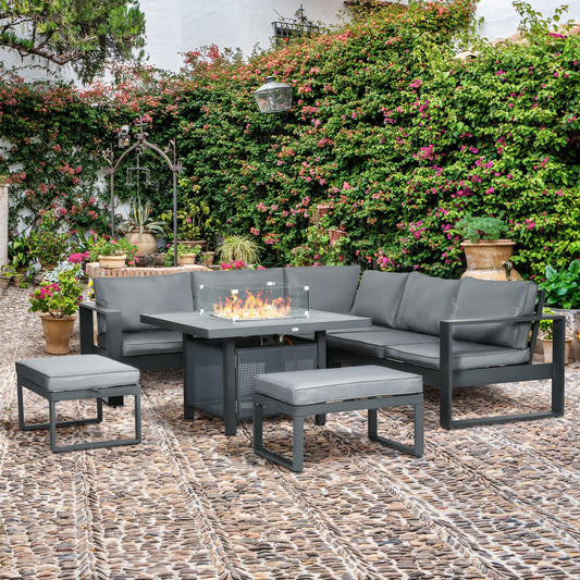6-Piece Aluminum Garden Furniture Set with Fire Pit Table Outdoor Patio Sofa Dining Set with Cushions Grey